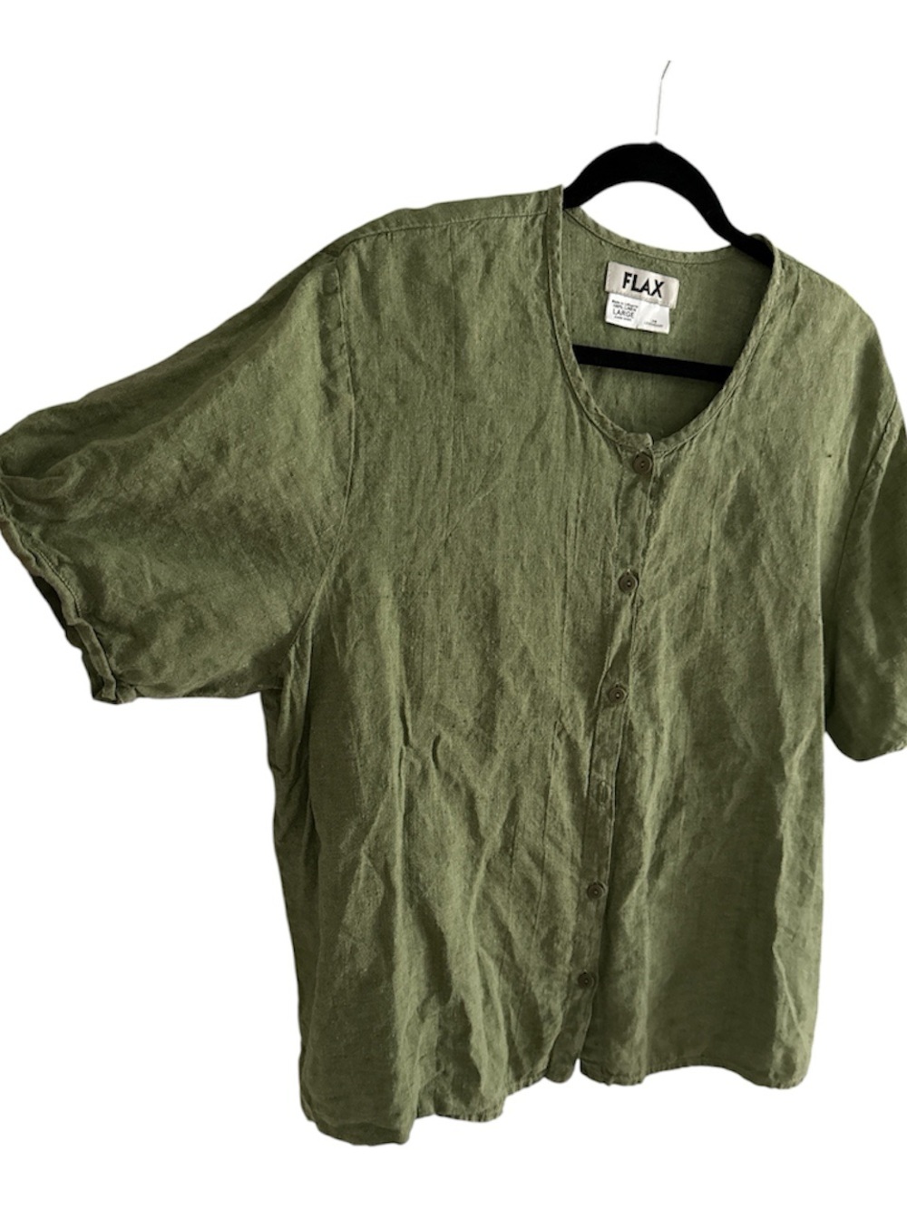 Flax “I AM LEGENDARY Olive sage green button front linen Layering tunic top L